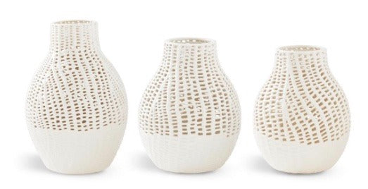 225. White Ceramic Basket Weave Vase Med