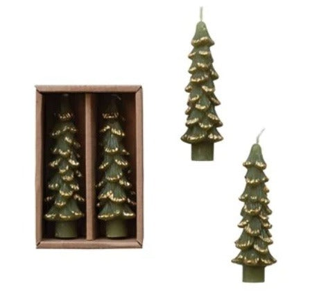 103  Tree shaped candles green/gold  4.75"