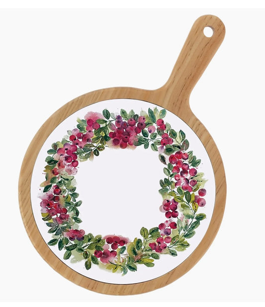 182  Cranberry Wreath Ceramic & Bamboo Cheese Board