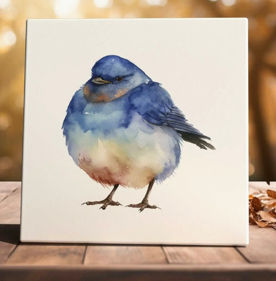 131  Chubby Bluebird Charm Watercolor Art Tile