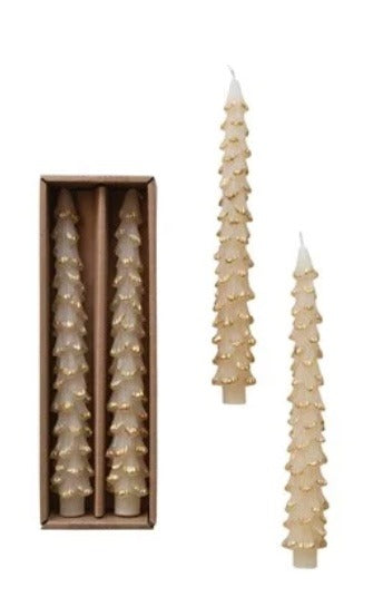 103  Tree Shaped white/gold candles tall 10"